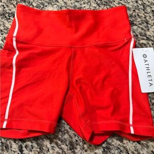 Athleta Bright Red High-Rise Bike Shorts with White Piping